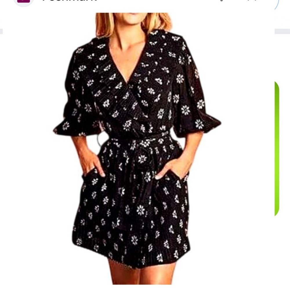 NWT‎ Buru Black Embroidery Pleated Raffled Floral Wrap Dress